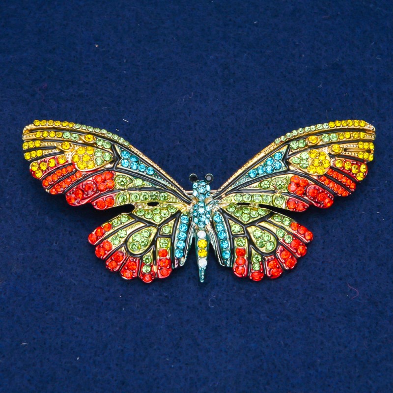Sale! Butterfly Brooch, gold-tone metal with multicolor rhinestones 81x37 mm +