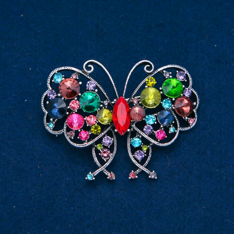 Sale! Butterfly Brooch in Silver-Tone Metal, Multicolored Rhinestones 48×60 mm +