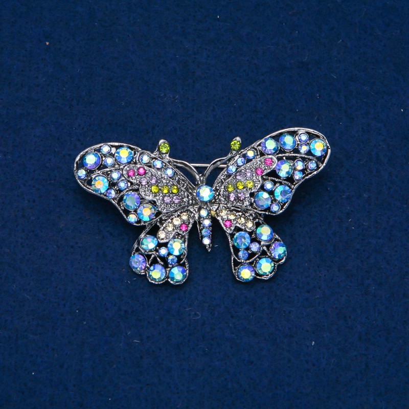Sale! Butterfly brooch, silver-toned metal, multicolored rhinestones 32x60mm +