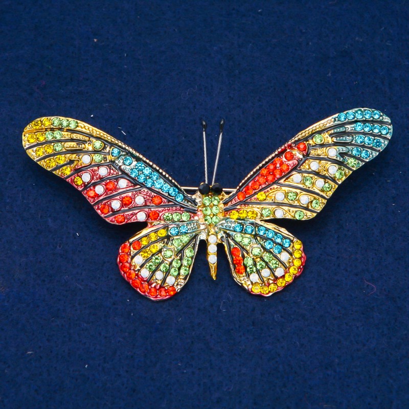 Sale! Butterfly Brooch in Gold-Tone Metal with Multicolored Crystals 43×82 mm +