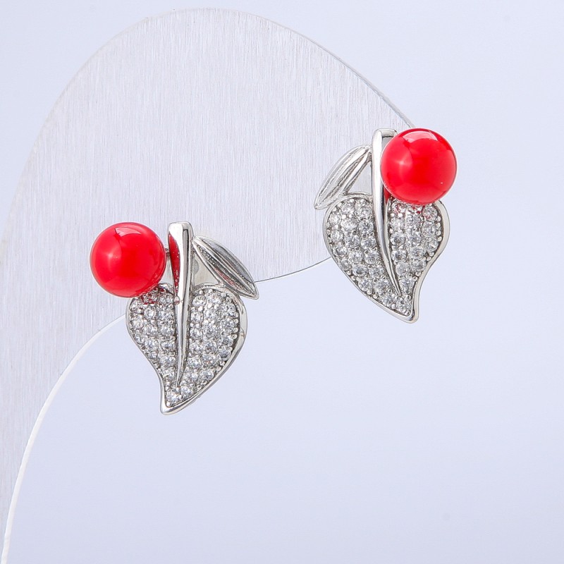 Xuping Rhodium-plated Earrings with Red Bead and White Crystals, diameter 17x12 mm +