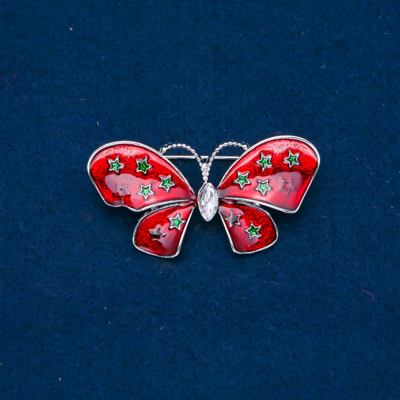 Sale! Butterfly Brooch in Gold-tone Metal, Enamel and White Rhinestone 48x24mm +