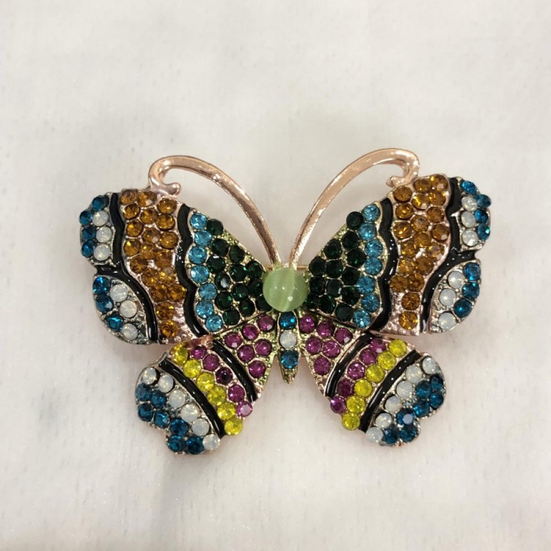 Sale! Butterfly Brooch with golden-pink metal, multicolored crystals, and green bead 46x34 mm +