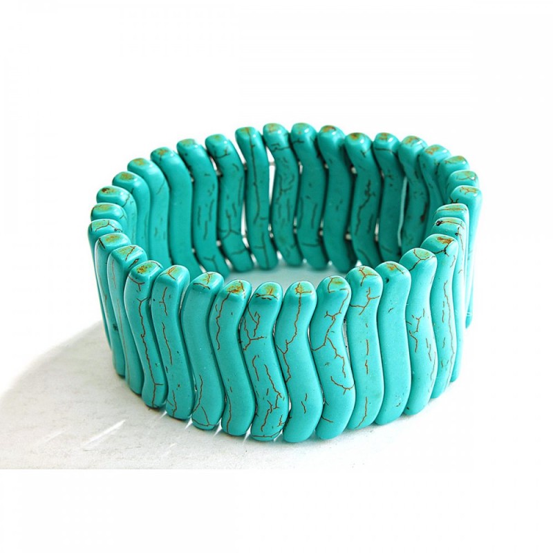 Elastic Bracelet Green Turquoise with Veins (Artificial) Thin Wave