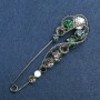 Brooch pin in silver-colored metal, white, green, and gray crystals 90×17 mm +