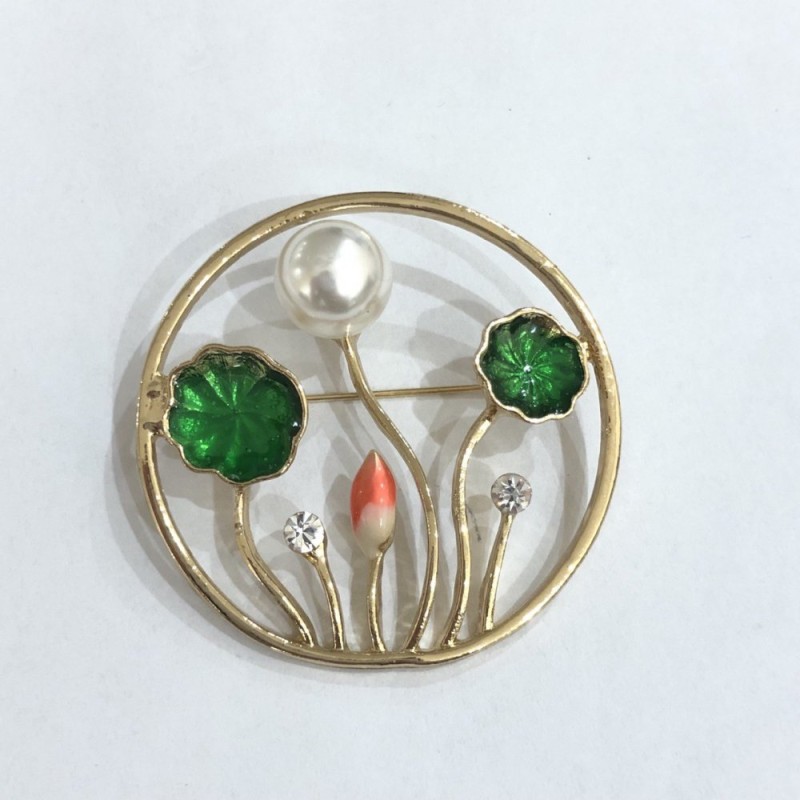 Sale! Brooch 'Plants' with enamel, white crystals and seed beads, gold-tone metal 47mm +