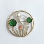 Sale! Brooch 'Plants' with enamel, white crystals and seed beads, gold-tone metal 47mm +