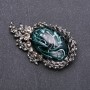 Sale! Brooch with gray rhinestones and emerald cabochon 64×38 mm gray metal