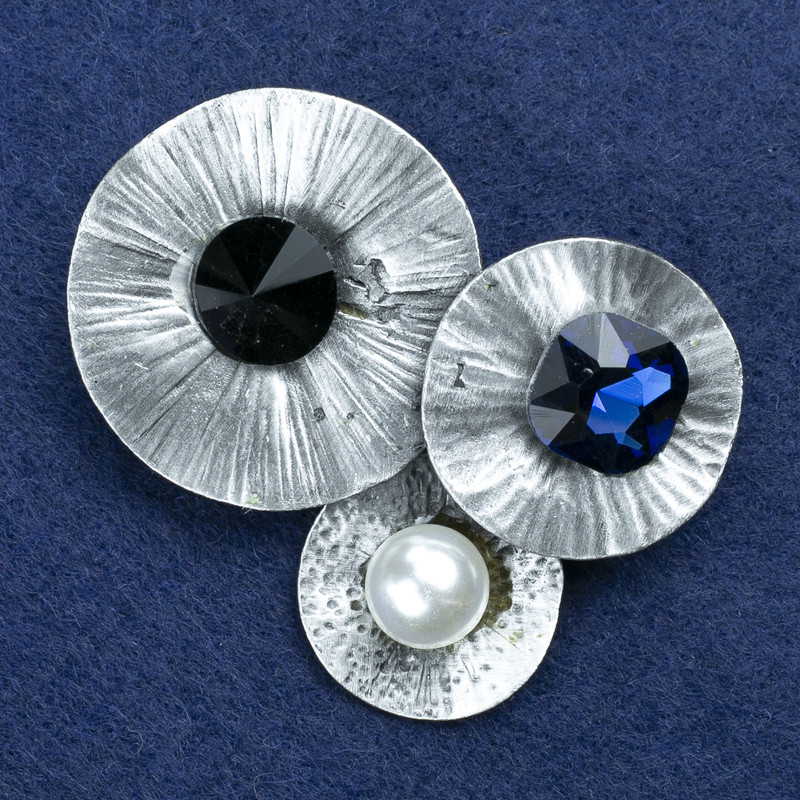 Sale! Crystal and bead brooch, silver-colored metal, 55x45 mm +