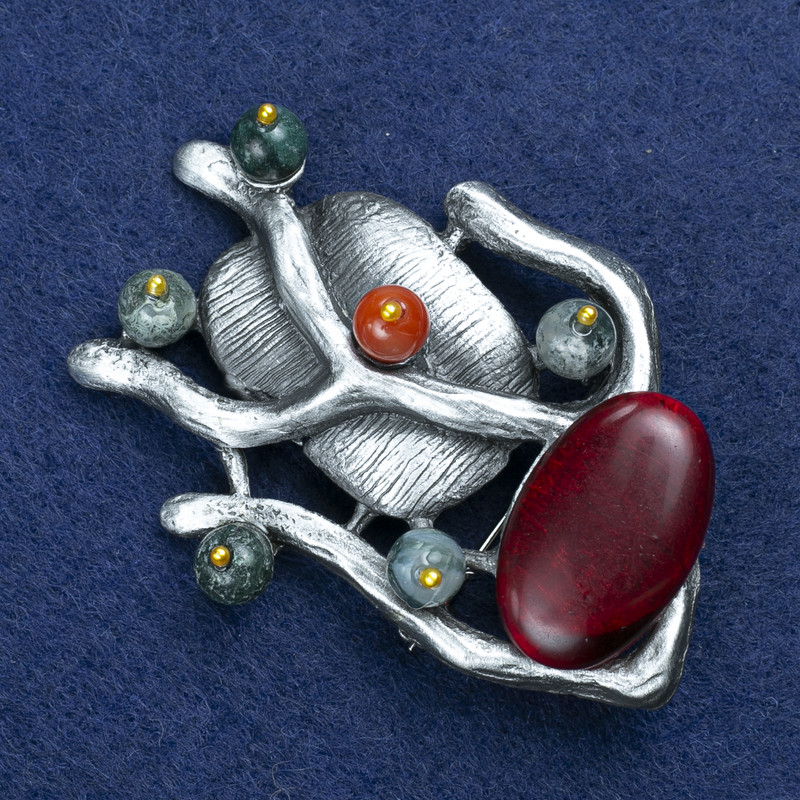 Sale! Twig with Carnelian and Assorted Stones Brooch, Silvery Metal, 61×42 mm +