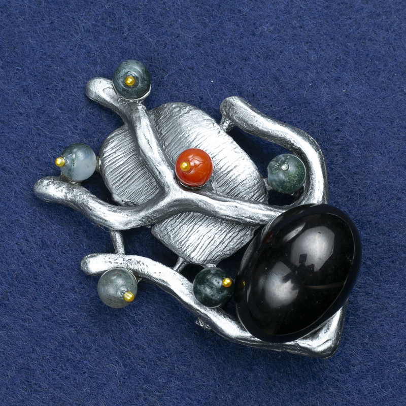 Sale! Branch with Agate and Assorted Stones Brooch in Silver-Toned Metal 61x42mm +