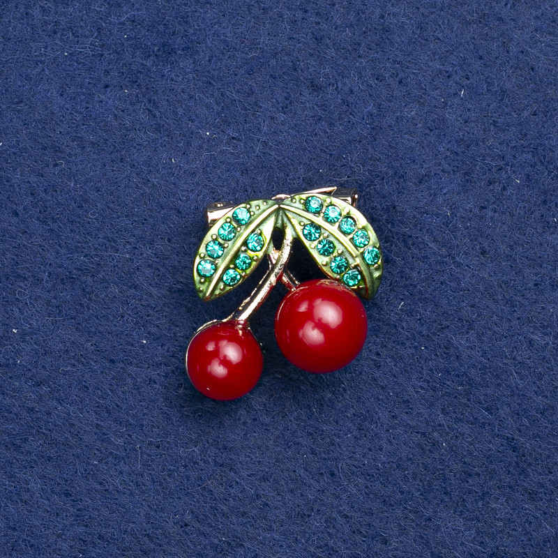 Sale! Cherry Brooch - Gold-tone metal, enamel and crystals 22x20 mm +