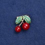 Sale! Cherry Brooch - Gold-tone metal, enamel and crystals 22x20 mm +