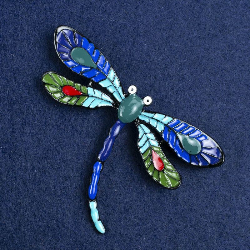 Sale! Dragonfly Brooch in Silver-Tone Metal and Enamel 70×50mm +