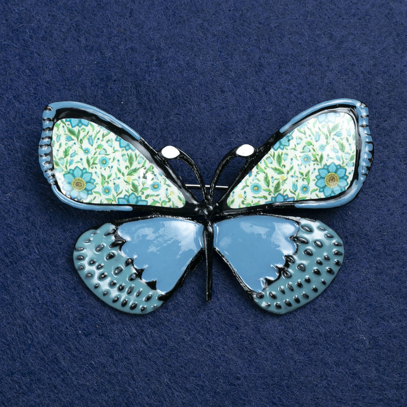 Sale! Silvery metal and enamel butterfly brooch 70x40 mm +