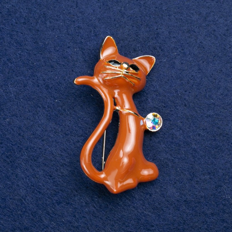Sale! Cat Brooch in Gold-Tone Metal and Enamel 50×30 mm +