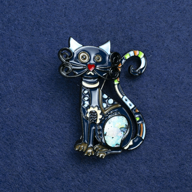 Sale! Cat Brooch in Silver-tone Metal and Enamel 47×37 mm +