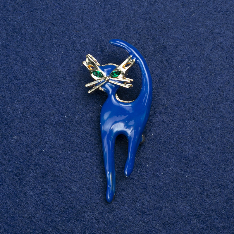 Sale! Cat Brooch in Gold-Tone Metal, Enamel and Crystals, 45x40 mm +