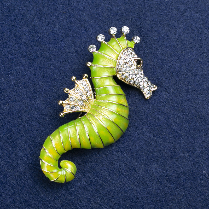 Sale! Seahorse Brooch, gold-tone metal, enamel and rhinestones, 30×64 mm +