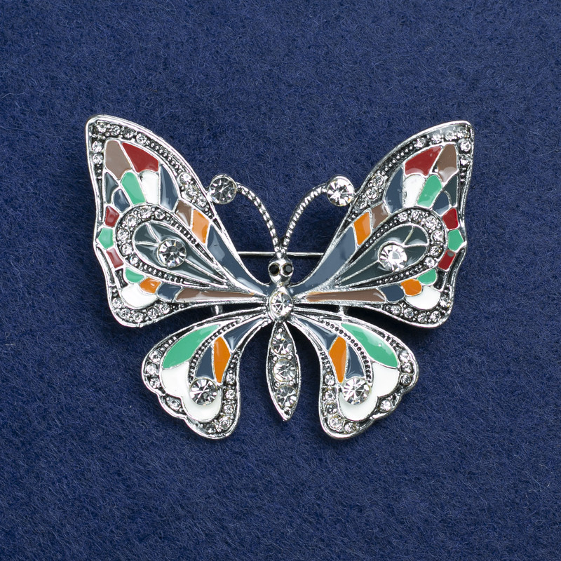 Butterfly Brooch, Silver-Tone Metal with Enamel and Rhinestones 54×45 mm +