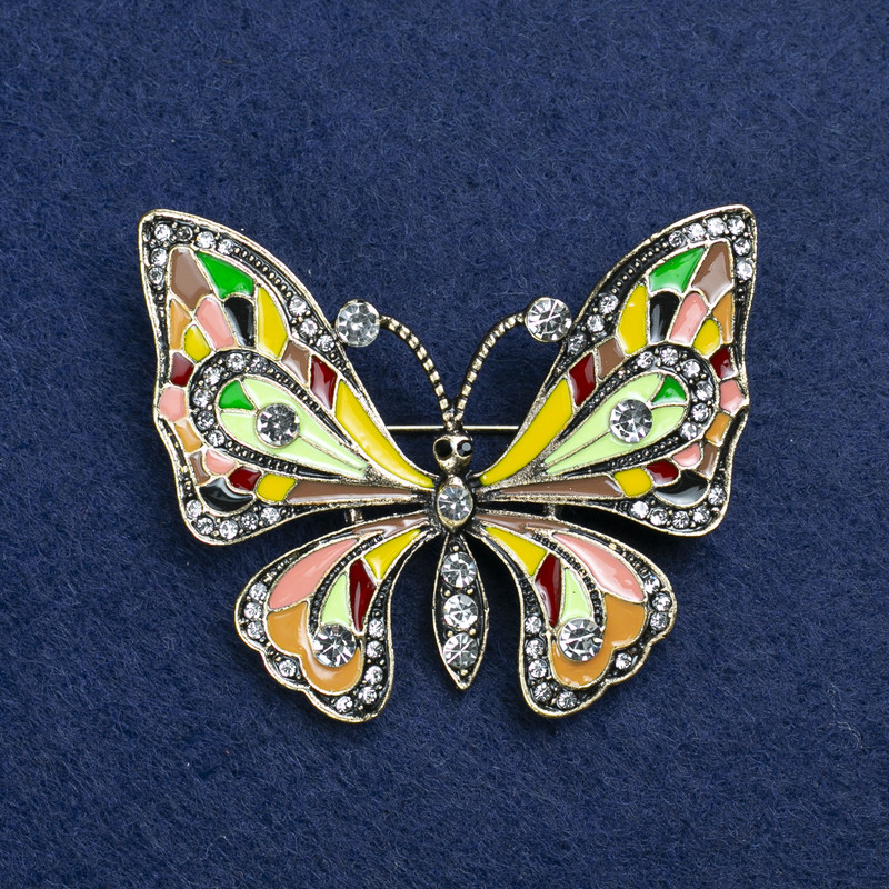 Sale! Butterfly Brooch in Gold-Tone Metal, Enamel and Crystals, 54×45 mm +