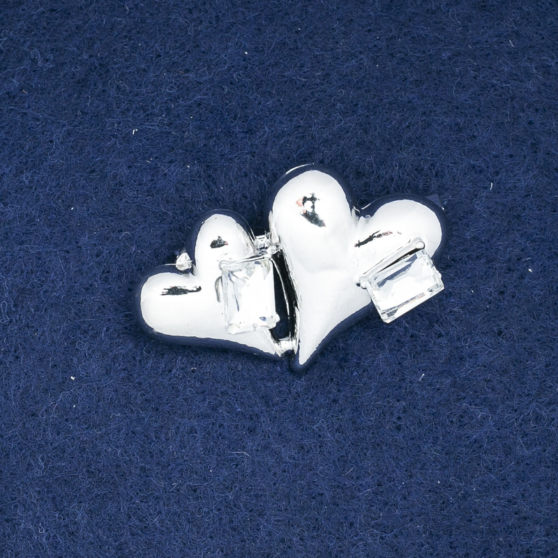 Sale! Brooch 'Hearts' with silver-tone metal and crystals 38×24 mm +
