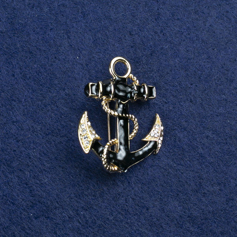 Sale! Anchor Brooch in Golden Metal and Enamel, with Pearlescent Inclusions and Rhinestones, 31×26 mm +