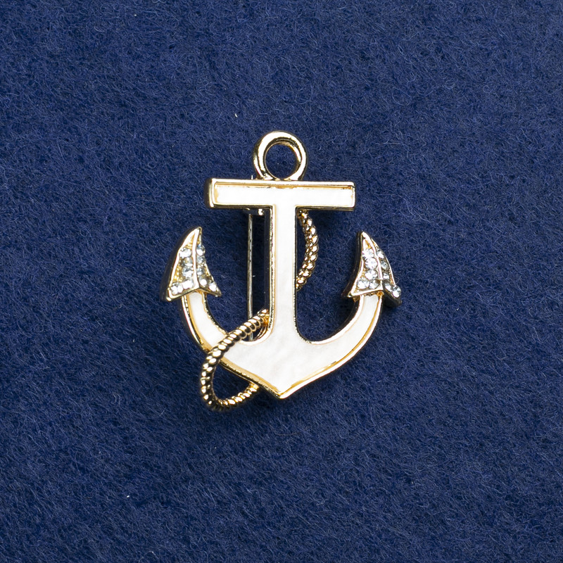 Sale! Anchor Brooch in Gold-Tone Metal, Mother-of-Pearl and Crystals, 30x28 mm +