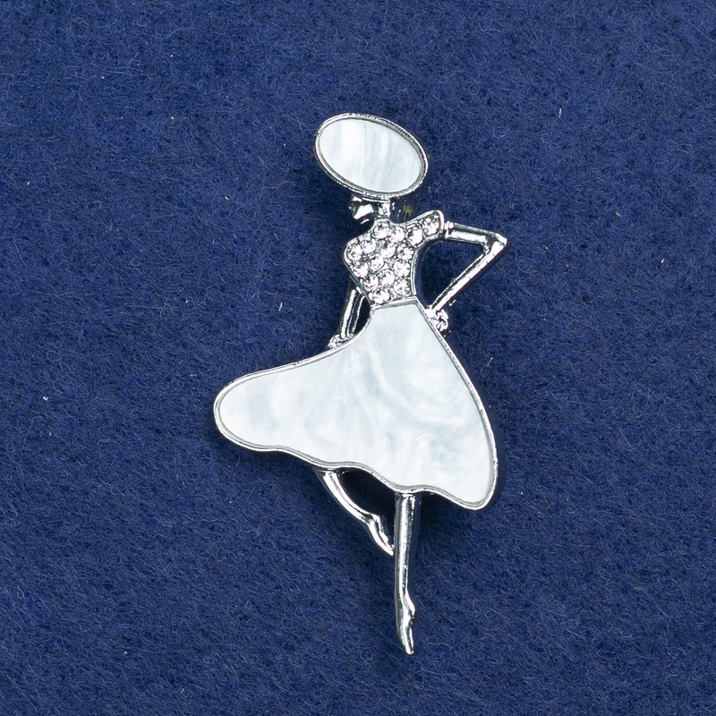 Sale! Brooch 'Lady in a Hat' with silver-toned metal, mother-of-pearl and rhinestones 48×27 mm +