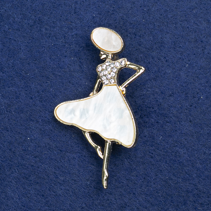 Clearance! Brooch 'Lady in a Hat' in gold-toned metal, mother-of-pearl and crystals, 48×27 mm +