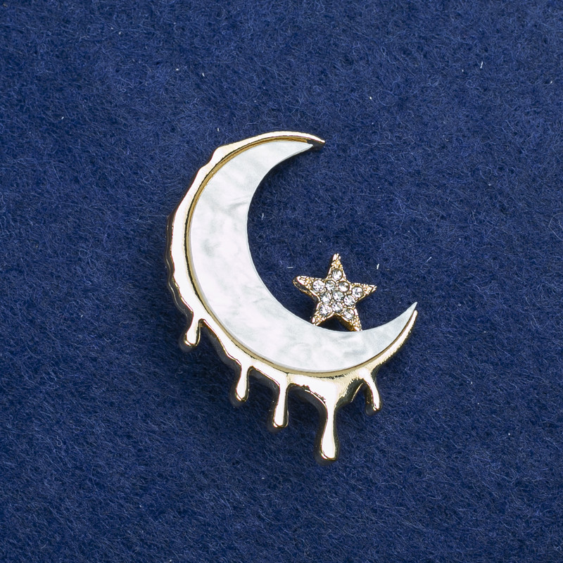 Sale! Moon Brooch in Golden Metal, Mother-of-Pearl and Crystals, 38×27 mm +