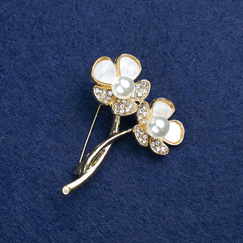Sale! Brooch 'Flowers' with gold-toned metal, Mother-of-Pearl, crystals and beads 44×35 mm +