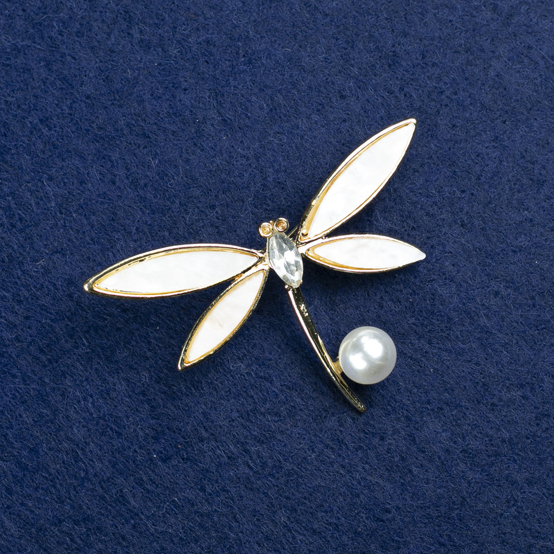 Sale! Butterfly Brooch in Gold-tone Metal, Mother-of-Pearl, Crystal and Bead, 36×52 mm +