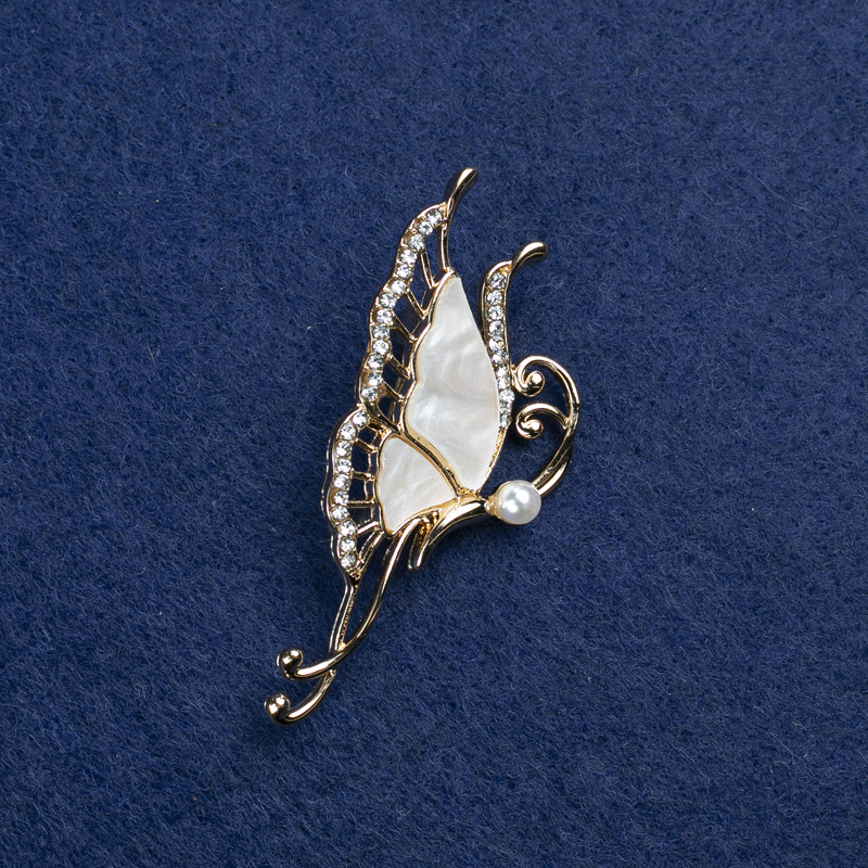 Sale! Butterfly Brooch in gold-tone metal with mother-of-pearl and crystals with a bead 51x24mm +