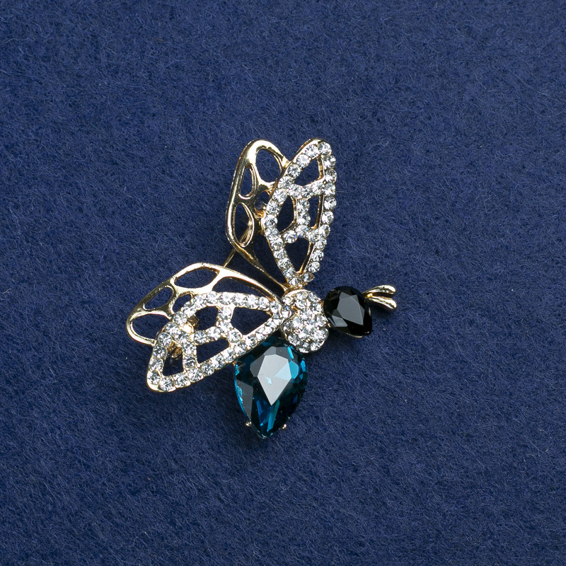 Sale! Butterfly Brooch with Golden Metal, Blue and Black Crystals, and White Rhinestones 41×33 mm +