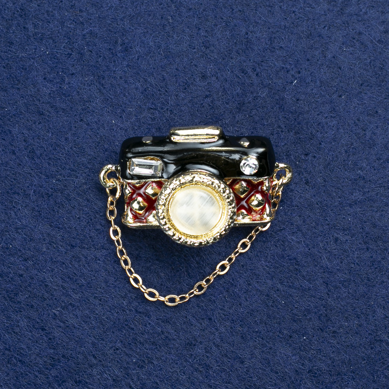 Sale! Camera-shaped Brooch in Gold-Tone Metal, Cat's Eye, Enamel and Crystals 32×15 mm +