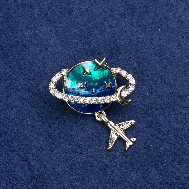 Sale! Planet Brooch in Gold-Toned Metal, Enamel, and Crystals 27×30 mm +