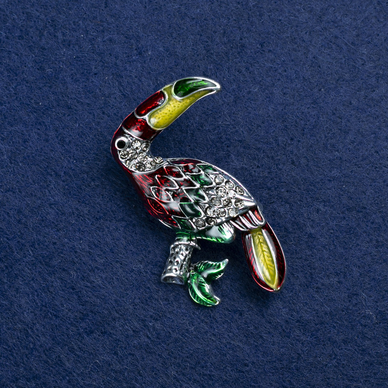 Sale! Toucan Brooch in Silver-Tone Metal with Enamel and Rhinestones 45×40 mm +