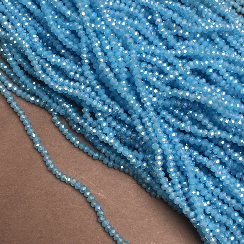 Blue Czech Crystal Beads on Thread, Gasoline Iridescent, Faceted Rondelle, Diameter 3x2.5 mm, Length 36-38 cm +