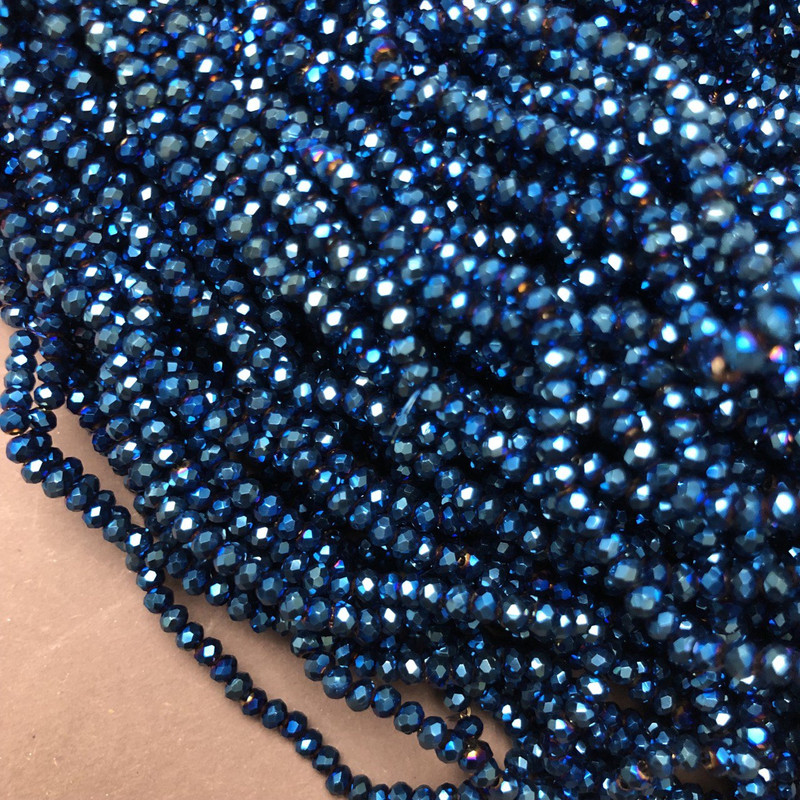 Beads Czech Crystal on thread with blue coating, faceted rondelle, diameter 3.5×3 mm, length 33 cm