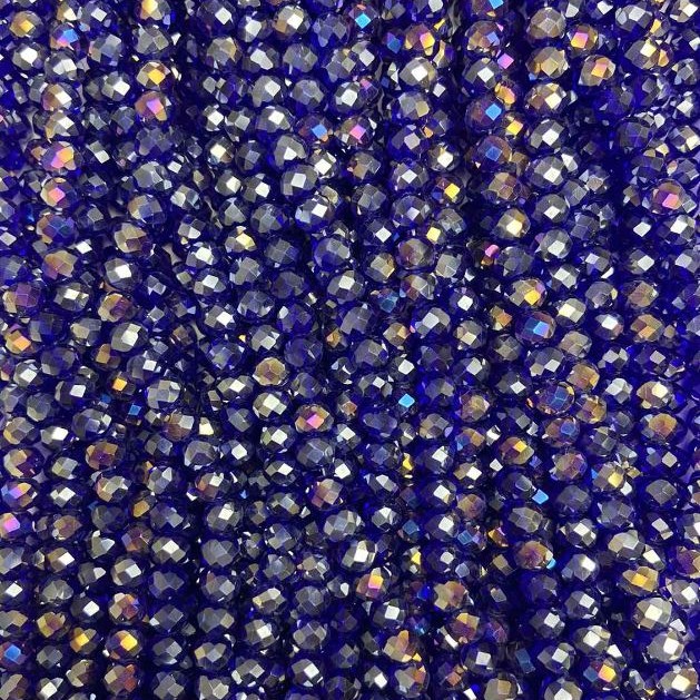 Czech Crystal Beads on Thread, Blue with Gasoline Coating, Faceted Rondelle, 6x5 mm, Length 40-43 cm