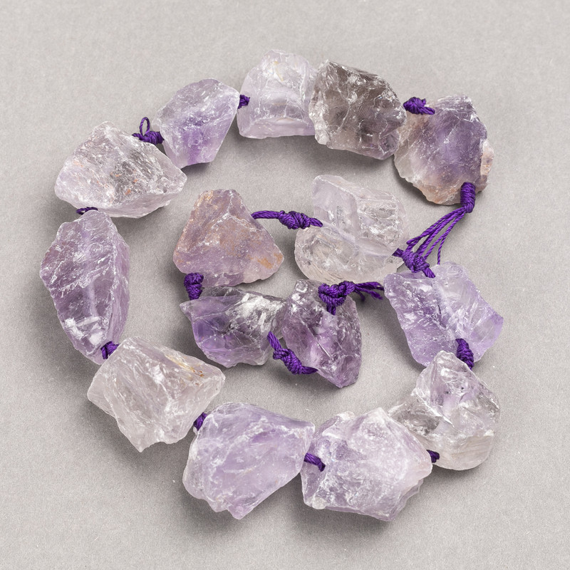 Uncut Amethyst Nuggets Beads on Thread, Tumbled, 20×29 mm (±), 42 cm long