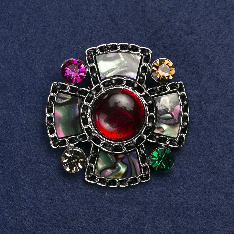 Brooch 'Accent' silver-toned metal, enamel and rhinestones 50mm +