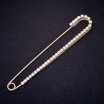 Brooch pin 100x17 mm with crystals, white color, gold-tone metal