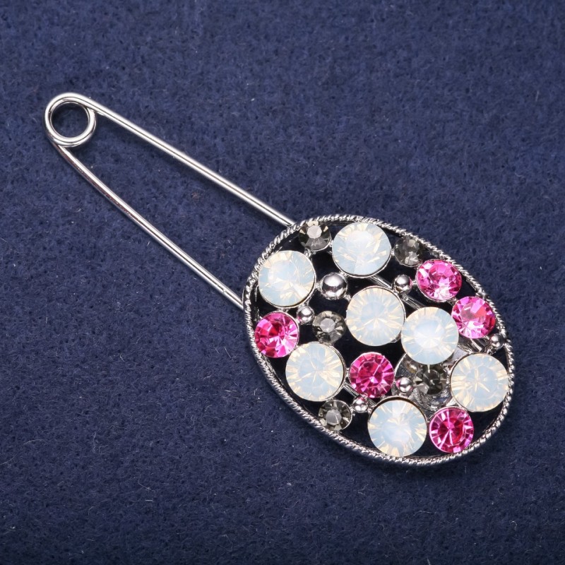Sale! Brooch pin with raspberry, white, and green stones, 80x30 mm, silver-tone metal
