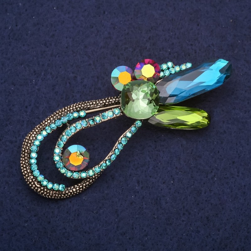 Large Accent Brooch with Crystals and Stones, Chameleon Color Sea Wave Blue-Green, 74x28 mm, Yellow Metal
