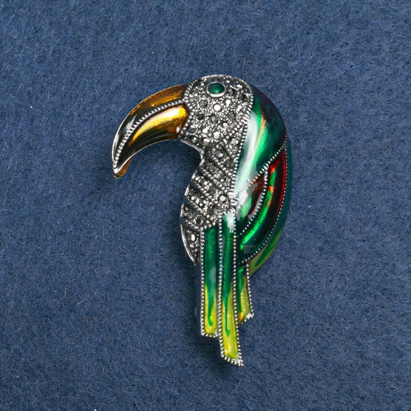 Brooch Toucan, silvery metal, enamel and crystals, 36×16 mm +