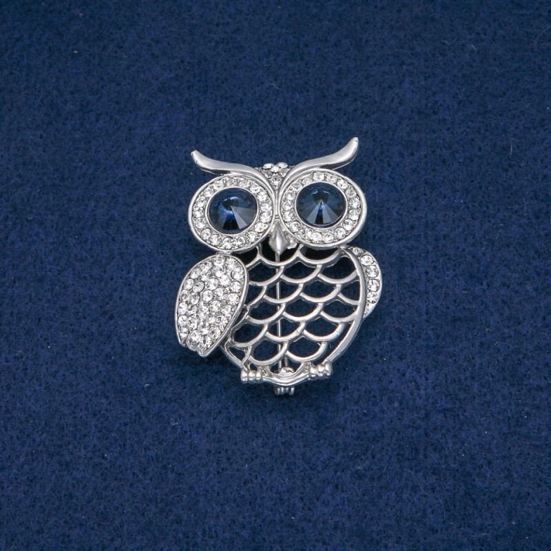 Owl Brooch with White Rhinestones, Blue Crystals, Silver Metal 43×35 mm +