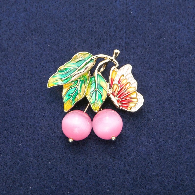 Brooch-Pendant Berries with Butterfly with Beads, Pink Cat's Eye and Enamel, Gold-Tone Metal 39x40mm