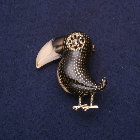 Brooch Toucan Bird with Rhinestones and Enamel, Beige and Black, 38x36 mm, Gold-tone Metal